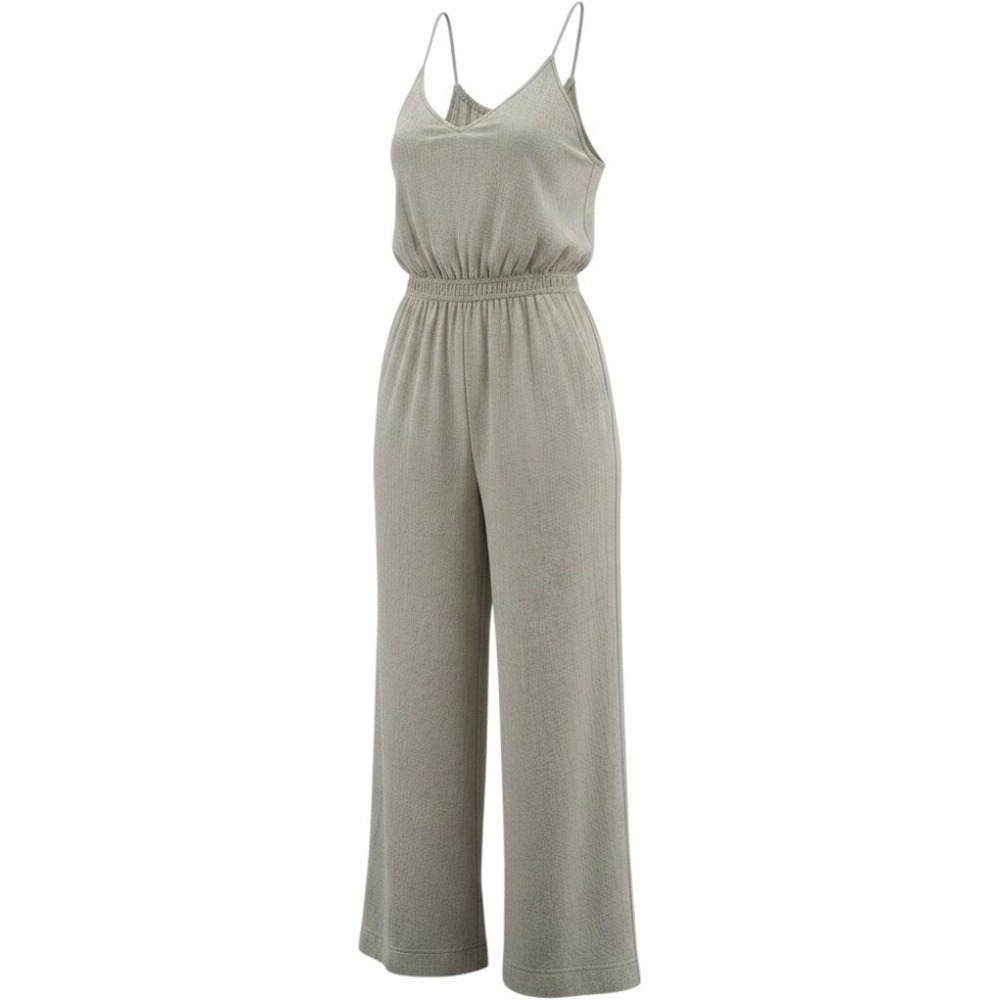 Monteau Los Angeles Linen Blend Smocked Wide Leg Jumpsuit Beige Summer Large